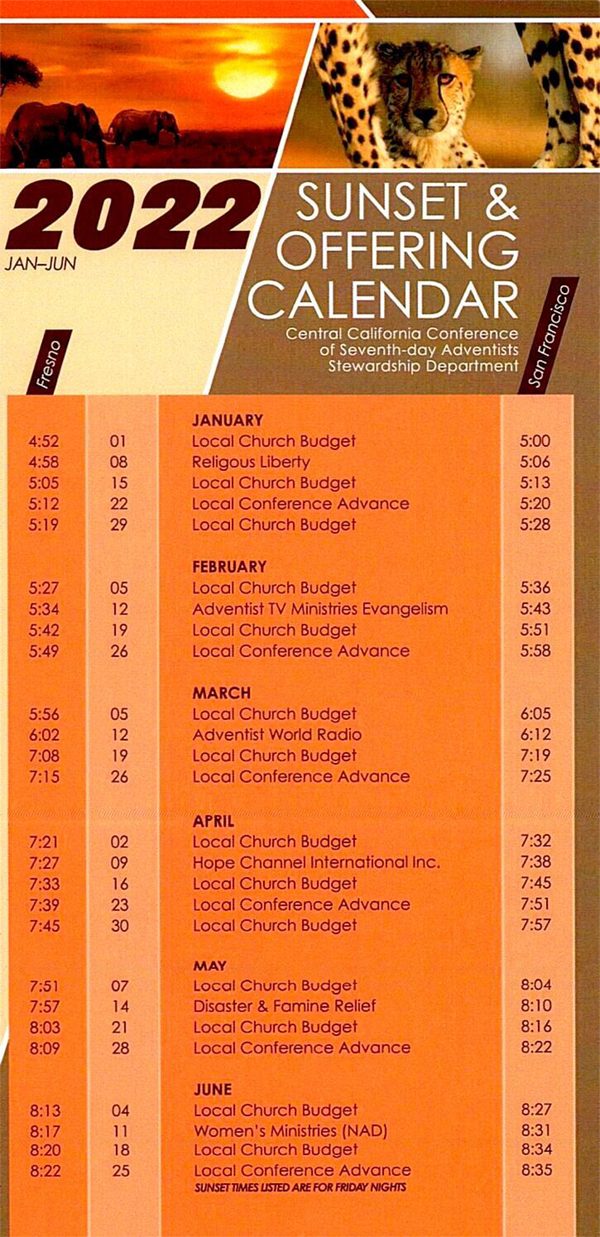 Sunset Chart and offering schedule Fresno Central Seventhday